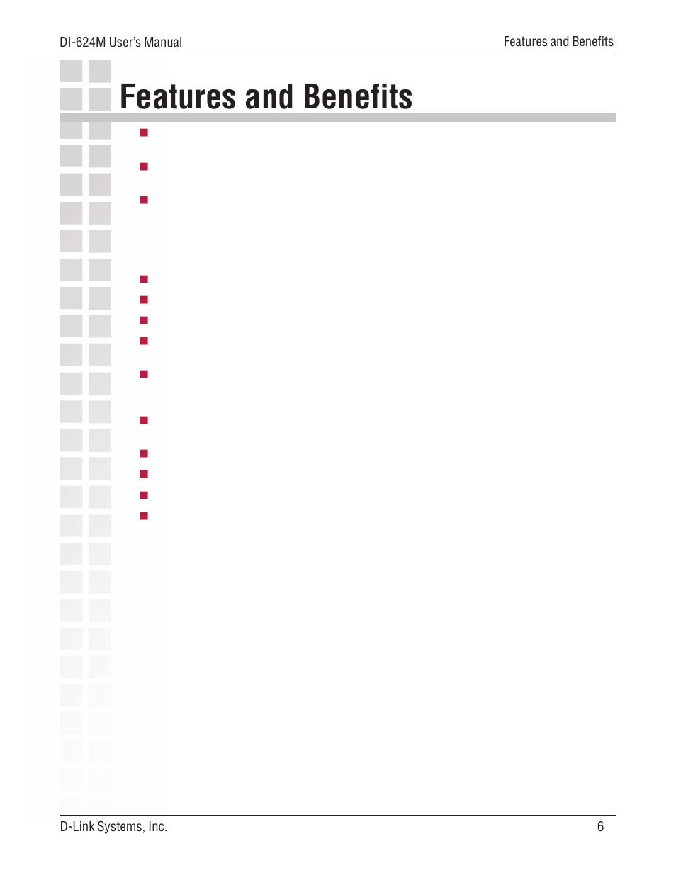 Features and benefits | D-Link DI-624M User Manual | Page 6 / 104