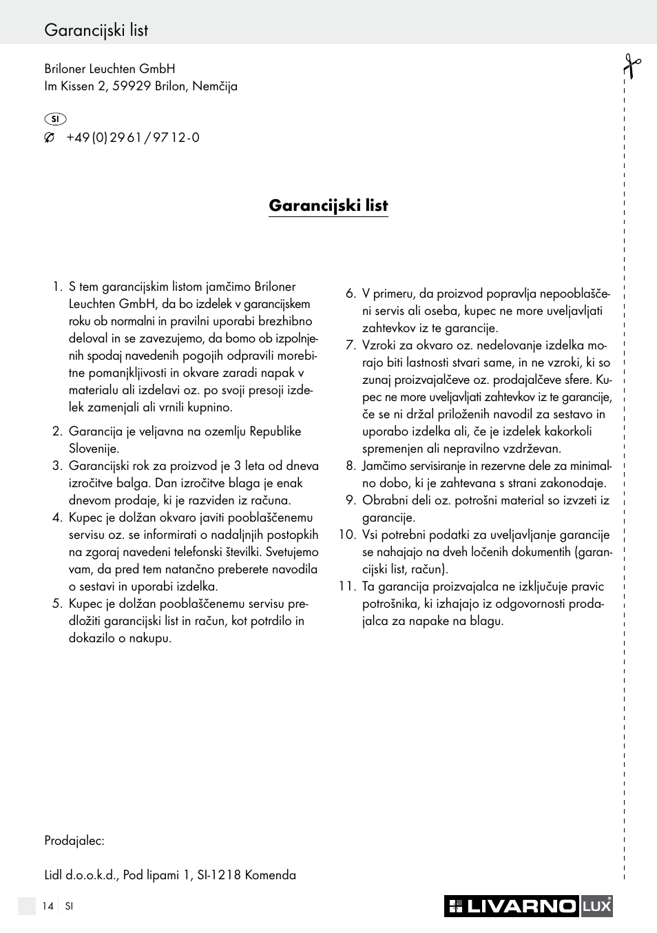 Garancijski list, Úvod / bezpečnost | Livarno 2772-012L or 2777-012L User Manual | Page 14 / 24