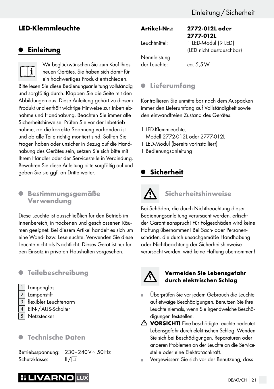 Led-klemmleuchte einleitung, Bestimmungsgemäße verwendung, Teilebeschreibung | Technische daten, Lieferumfang, Sicherheit sicherheitshinweise | Livarno 2772-012L or 2777-012L User Manual | Page 21 / 24