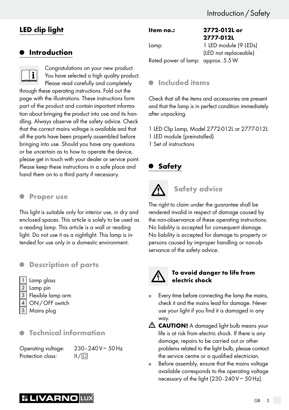Introduction / safety, Led clip light, Introduction | Proper use, Description of parts, Technical information, Included items, Safety safety advice | Livarno 2772-012L or 2777-012L User Manual | Page 5 / 24