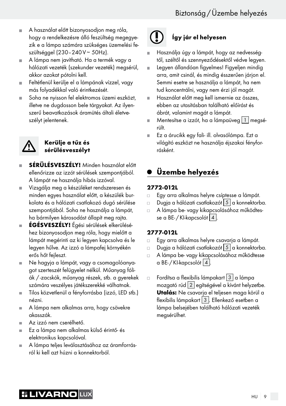 Biztonság / üzembe helyezés bevezető / biztonság, Üzembe helyezés | Livarno 2772-012L or 2777-012L User Manual | Page 9 / 24