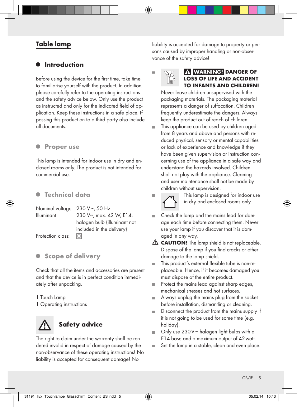 Table lamp introduction, Proper use, Technical data | Scope of delivery, Safety advice | Livarno Z31207A-BS/Z31207B-BS User Manual | Page 5 / 7