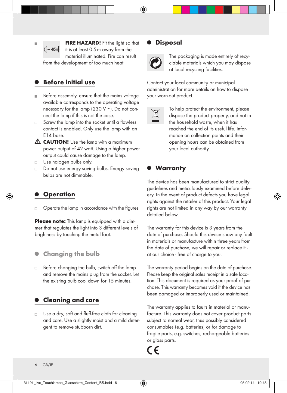 Before initial use, Operation, Changing the bulb | Cleaning and care, Disposal, Warranty | Livarno Z31207A-BS/Z31207B-BS User Manual | Page 6 / 7