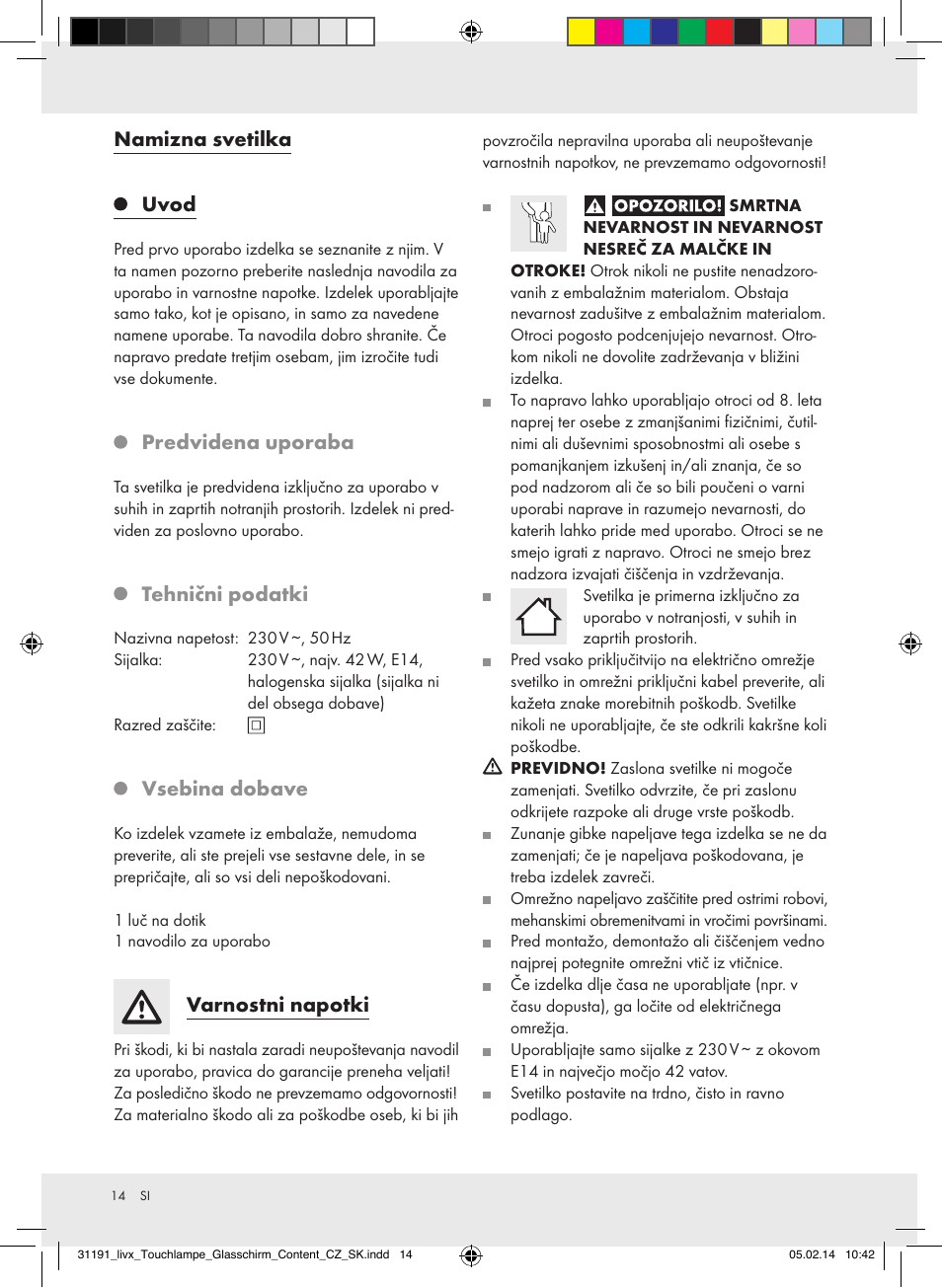 Namizna svetilka uvod, Predvidena uporaba, Tehnični podatki | Vsebina dobave, Varnostni napotki | Livarno Z31207A-BS/Z31207B-BS User Manual | Page 14 / 25