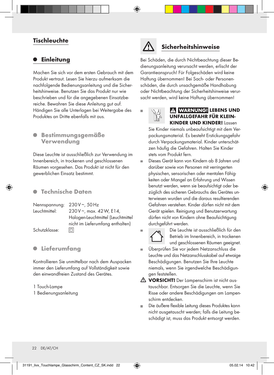 Tischleuchte, Einleitung, Bestimmungsgemäße verwendung | Technische daten, Lieferumfang, Sicherheitshinweise | Livarno Z31207A-BS/Z31207B-BS User Manual | Page 22 / 25