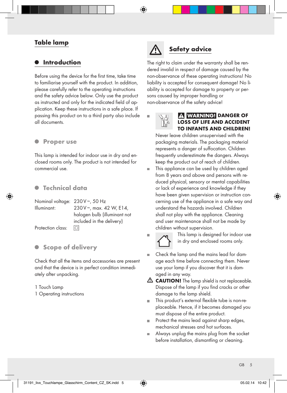 Table lamp introduction, Proper use, Technical data | Scope of delivery, Safety advice | Livarno Z31207A-BS/Z31207B-BS User Manual | Page 5 / 25