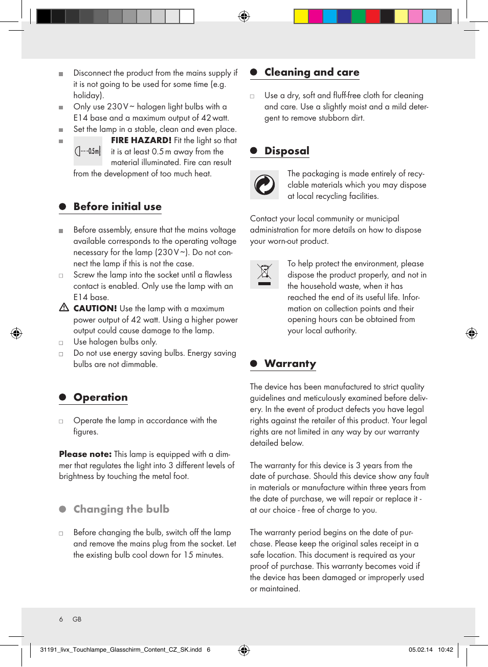 Before initial use, Operation, Changing the bulb | Cleaning and care, Disposal, Warranty | Livarno Z31207A-BS/Z31207B-BS User Manual | Page 6 / 25