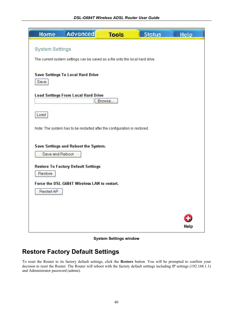 Restore factory default settings | D-Link DSL-G684T User Manual | Page 100 / 121