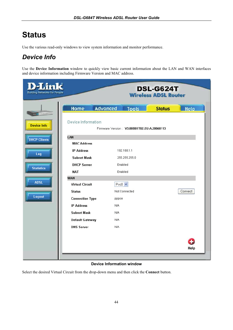 Status, Device info | D-Link DSL-G684T User Manual | Page 104 / 121