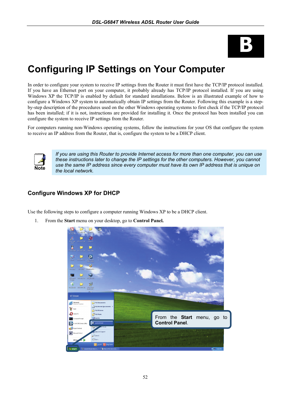 Configuring ip settings on your computer, Configure windows xp for dhcp | D-Link DSL-G684T User Manual | Page 112 / 121