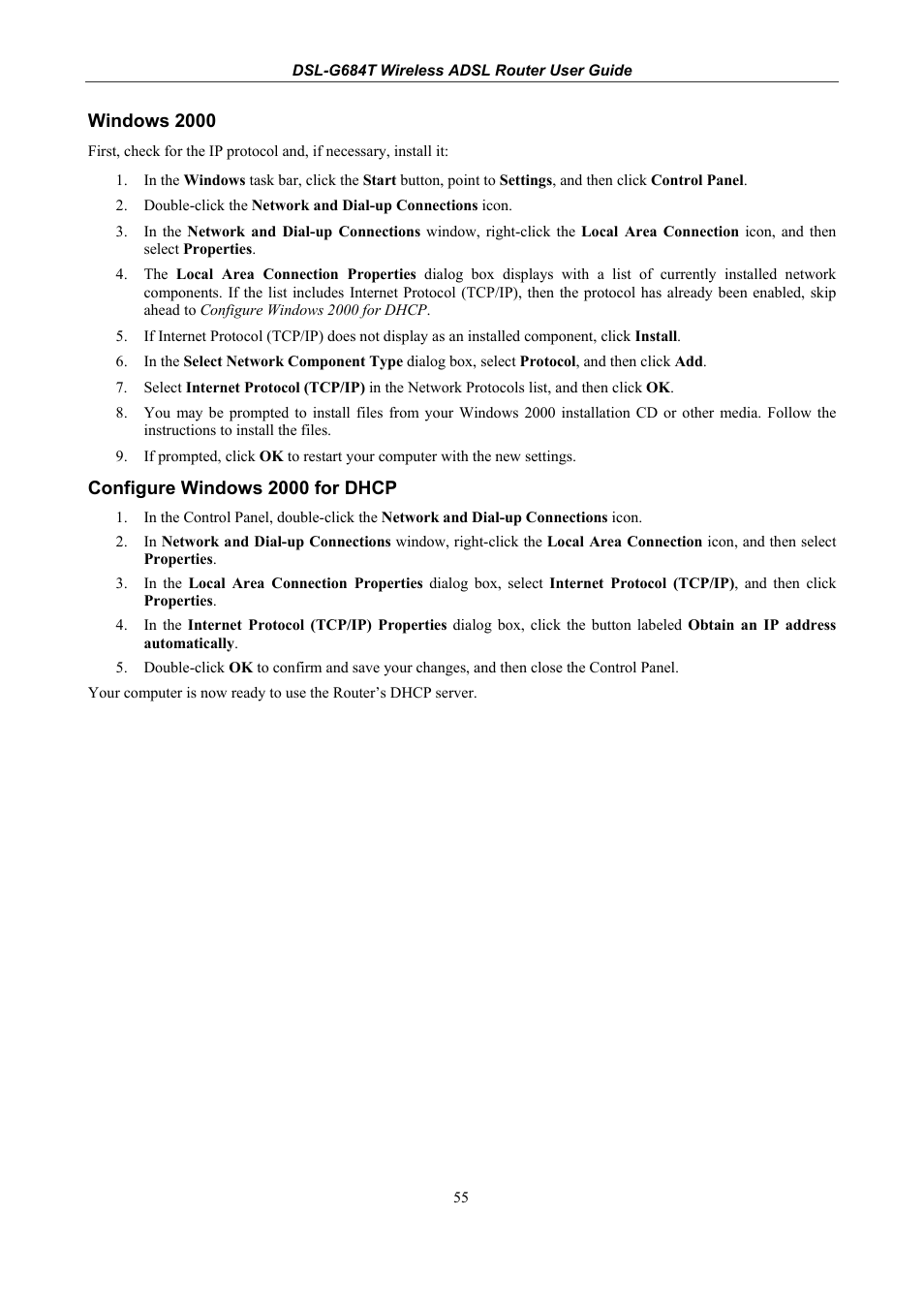 Windows 2000, Configure windows 2000 for dhcp | D-Link DSL-G684T User Manual | Page 115 / 121