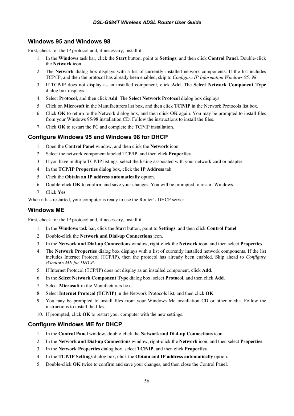 Windows 95 and windows 98, Configure windows 95 and windows 98 for dhcp, Windows me | Configure windows me for dhcp | D-Link DSL-G684T User Manual | Page 116 / 121