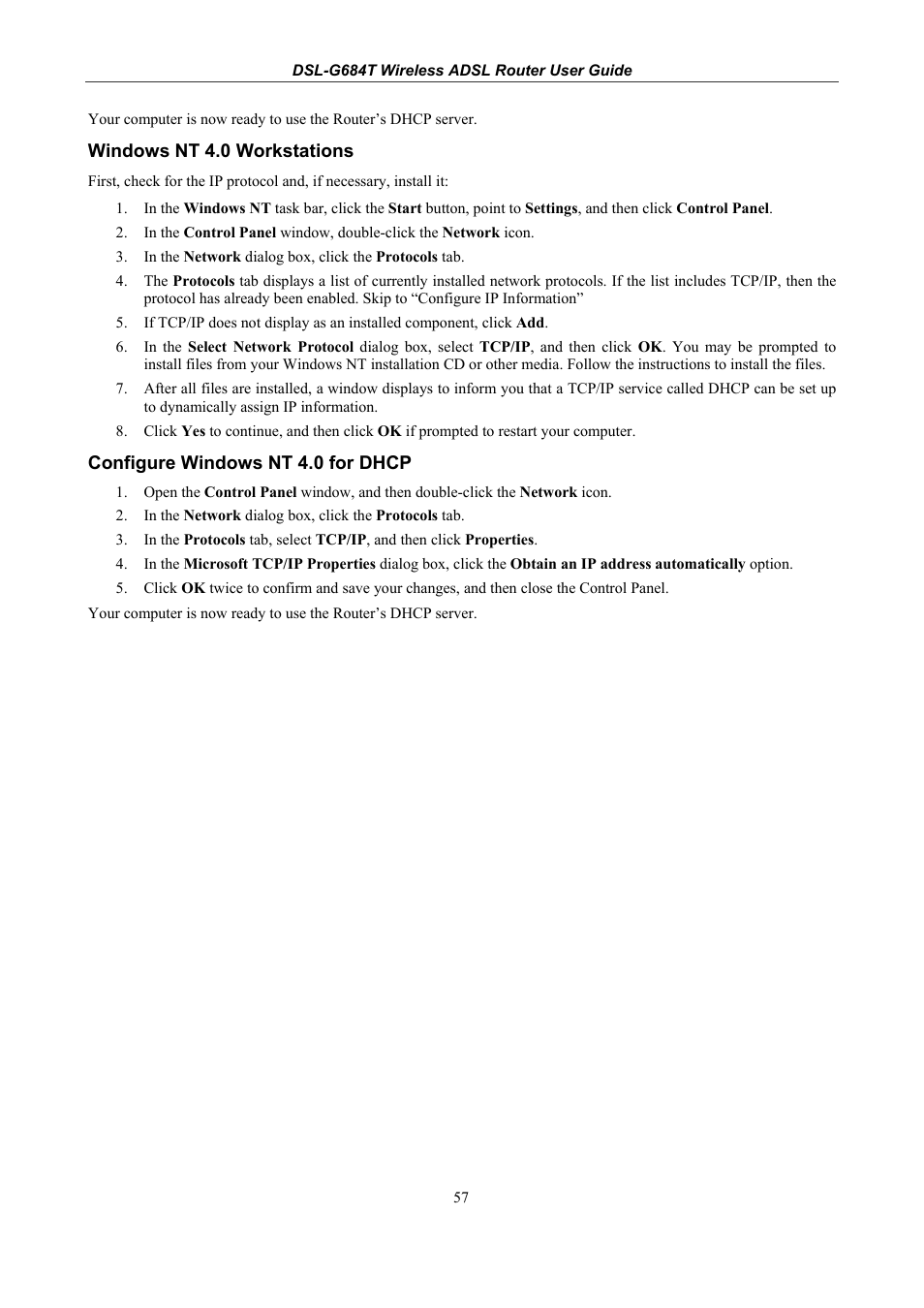 Windows nt 4.0 workstations, Configure windows nt 4.0 for dhcp | D-Link DSL-G684T User Manual | Page 117 / 121