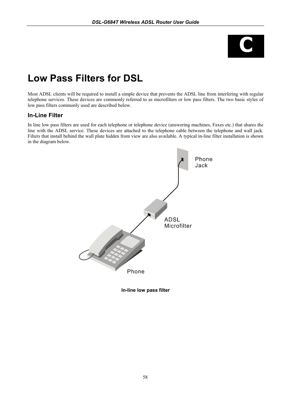 Low pass filters for dsl, In-line filter | D-Link DSL-G684T User Manual | Page 118 / 121
