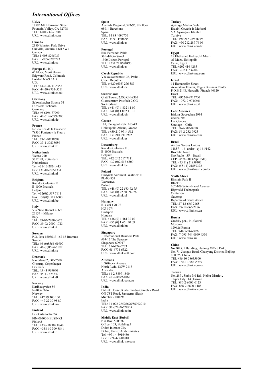 International offices, U.s.a, Canada | Europe (u. k.), Germany, France, Netherlands, Weena 290, Fax: +31-10-282-1331, Belgium | D-Link DSL-G684T User Manual | Page 121 / 121