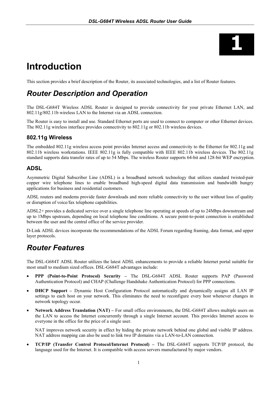 Introduction, Router description and operation, 11g wireless | Adsl, Router features | D-Link DSL-G684T User Manual | Page 13 / 121