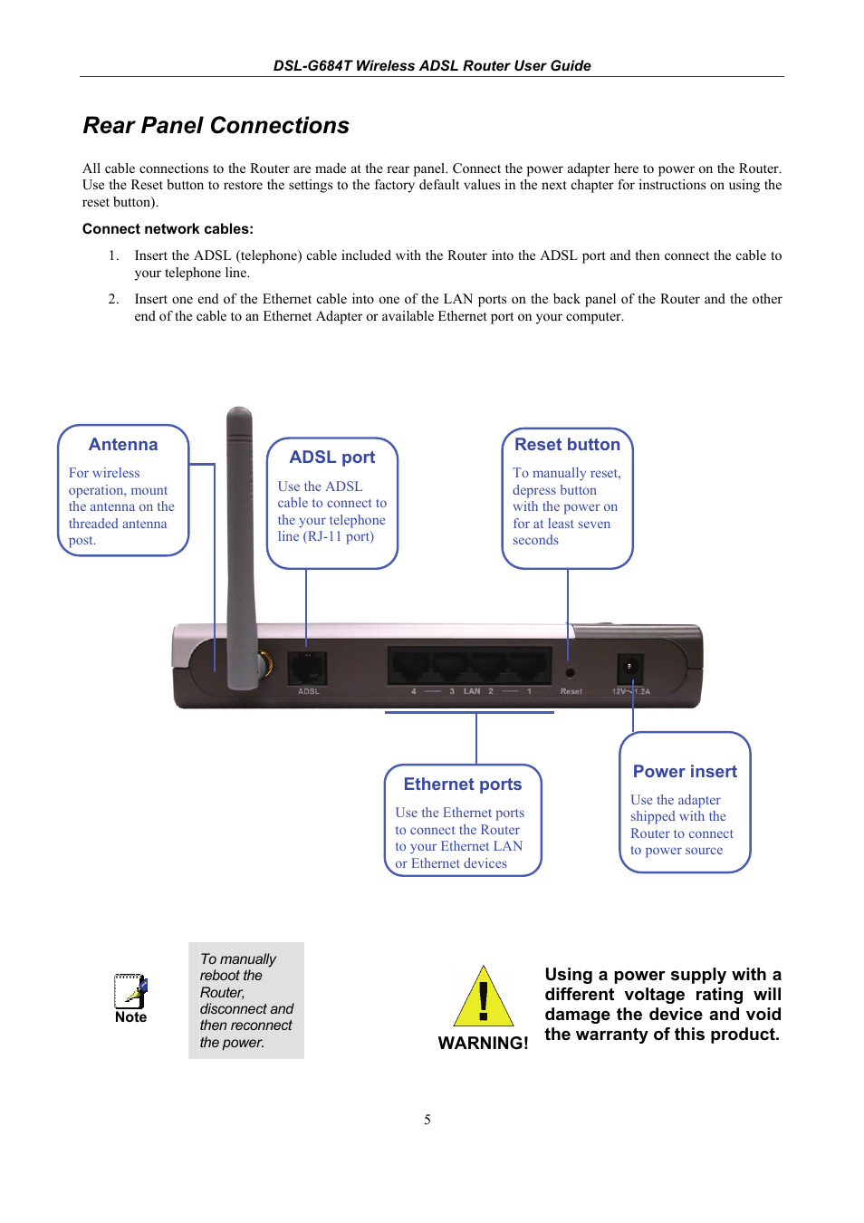 Rear panel connections | D-Link DSL-G684T User Manual | Page 17 / 121