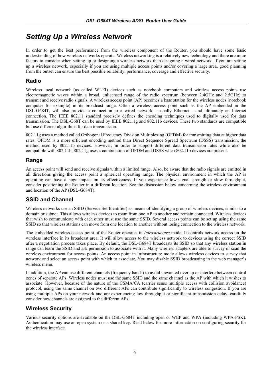 Setting up a wireless network, Radio, Range | Ssid and channel, Wireless security | D-Link DSL-G684T User Manual | Page 18 / 121