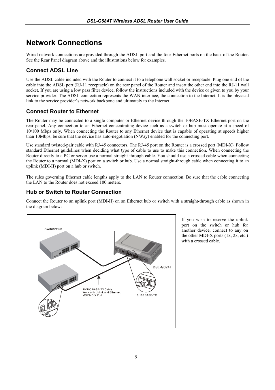 Network connections, Connect adsl line, Connect router to ethernet | Hub or switch to router connection | D-Link DSL-G684T User Manual | Page 21 / 121