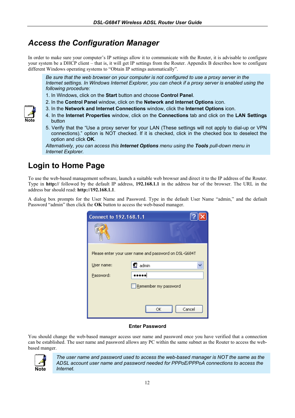 Access the configuration manager, Login to home page | D-Link DSL-G684T User Manual | Page 24 / 121