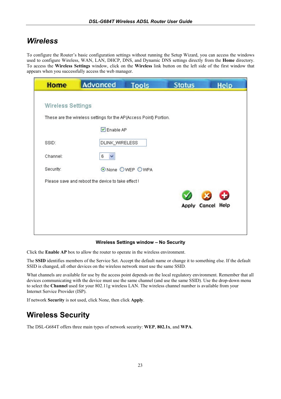 Wireless, Wireless security | D-Link DSL-G684T User Manual | Page 35 / 121