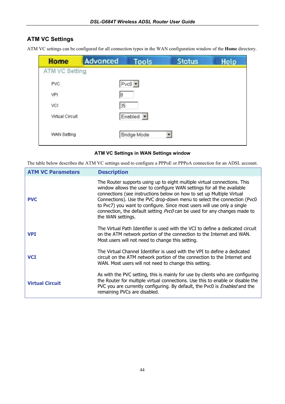 Atm vc settings | D-Link DSL-G684T User Manual | Page 56 / 121