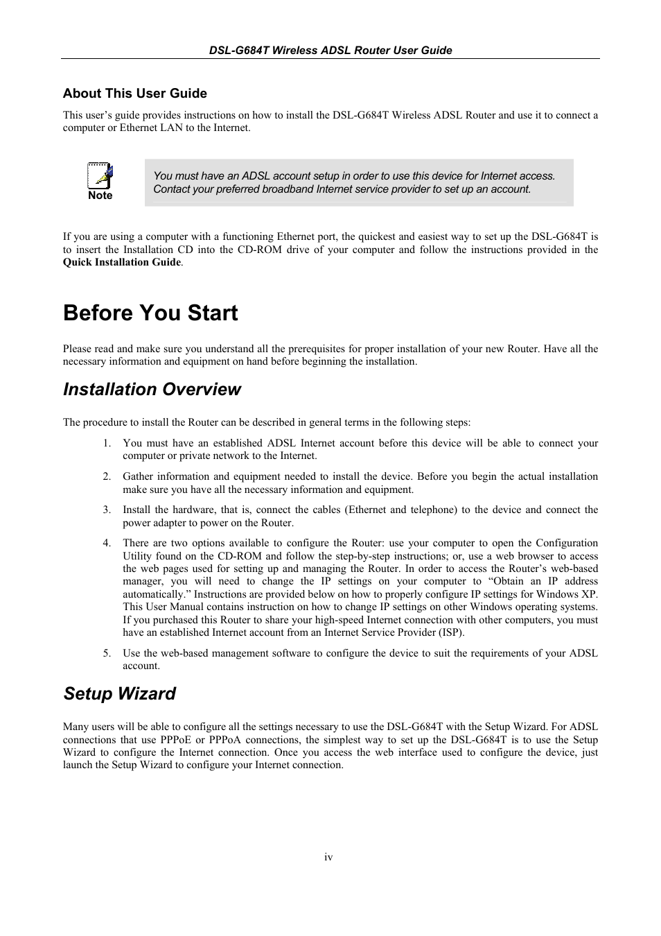 About this user guide, Before you start, Installation overview | Setup wizard | D-Link DSL-G684T User Manual | Page 6 / 121