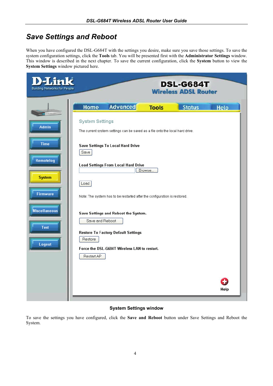 Save settings and reboot | D-Link DSL-G684T User Manual | Page 64 / 121