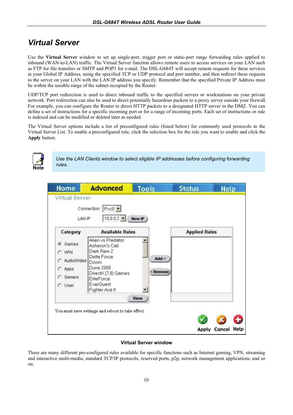 Virtual server | D-Link DSL-G684T User Manual | Page 70 / 121
