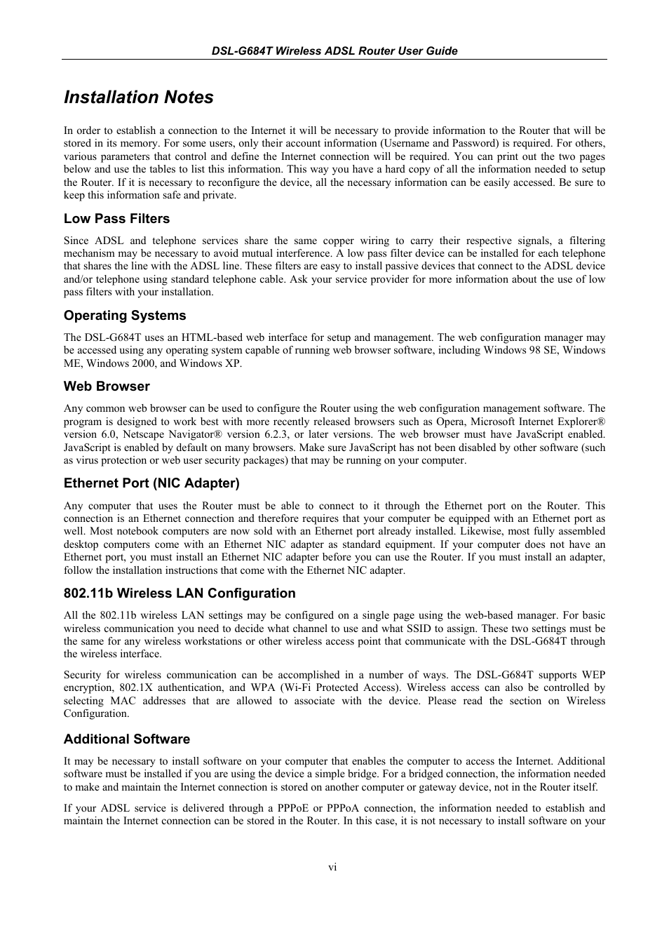 Installation notes, Low pass filters, Operating systems | Web browser, Ethernet port (nic adapter), 11b wireless lan configuration, Additional software | D-Link DSL-G684T User Manual | Page 8 / 121