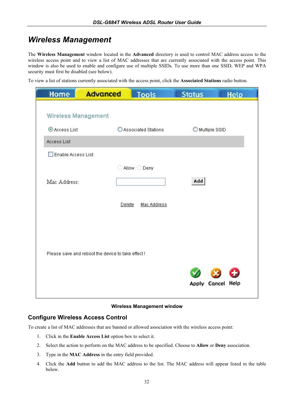 Wireless management, Configure wireless access control | D-Link DSL-G684T User Manual | Page 92 / 121