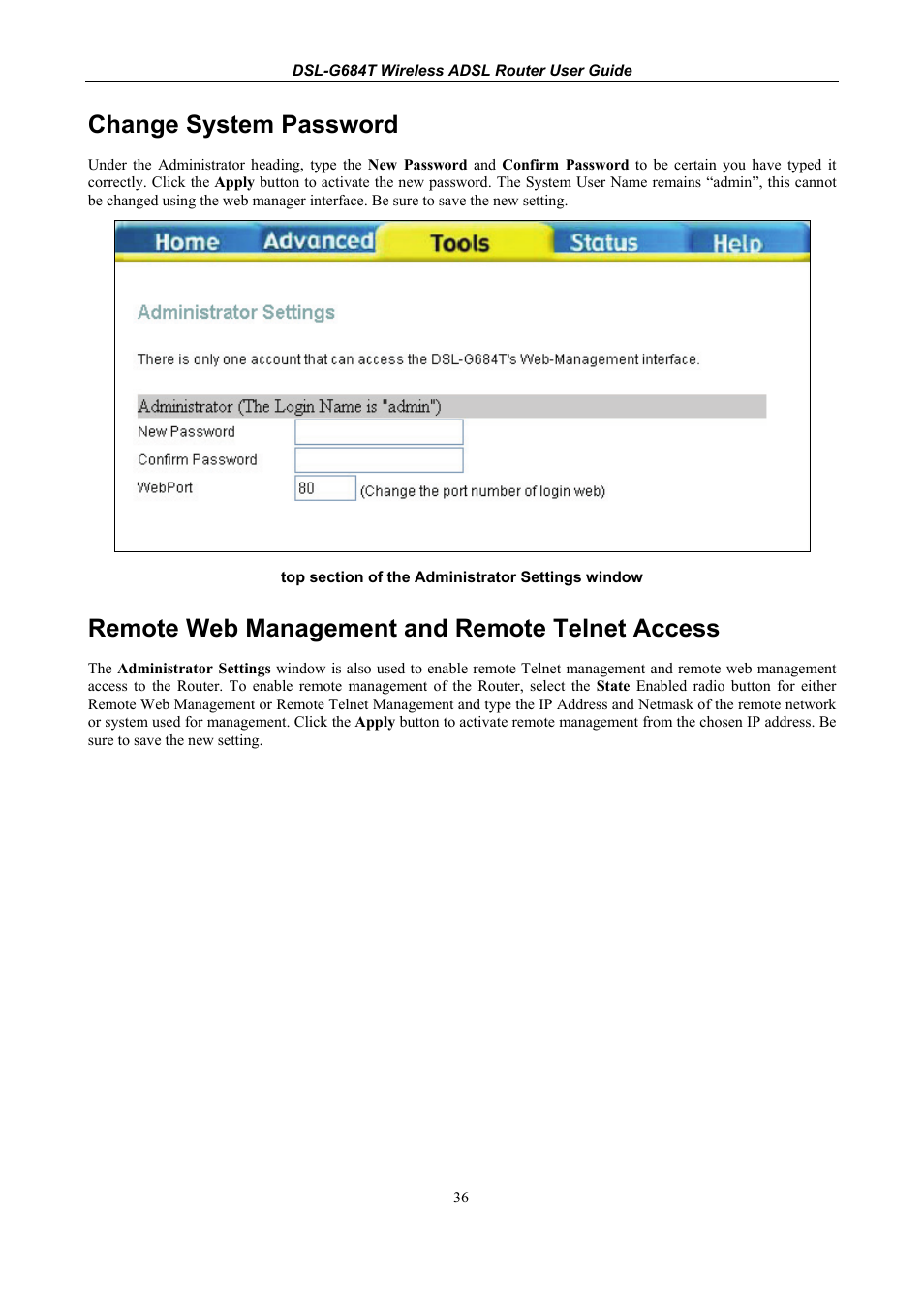 Change system password, Remote web management and remote telnet access | D-Link DSL-G684T User Manual | Page 96 / 121