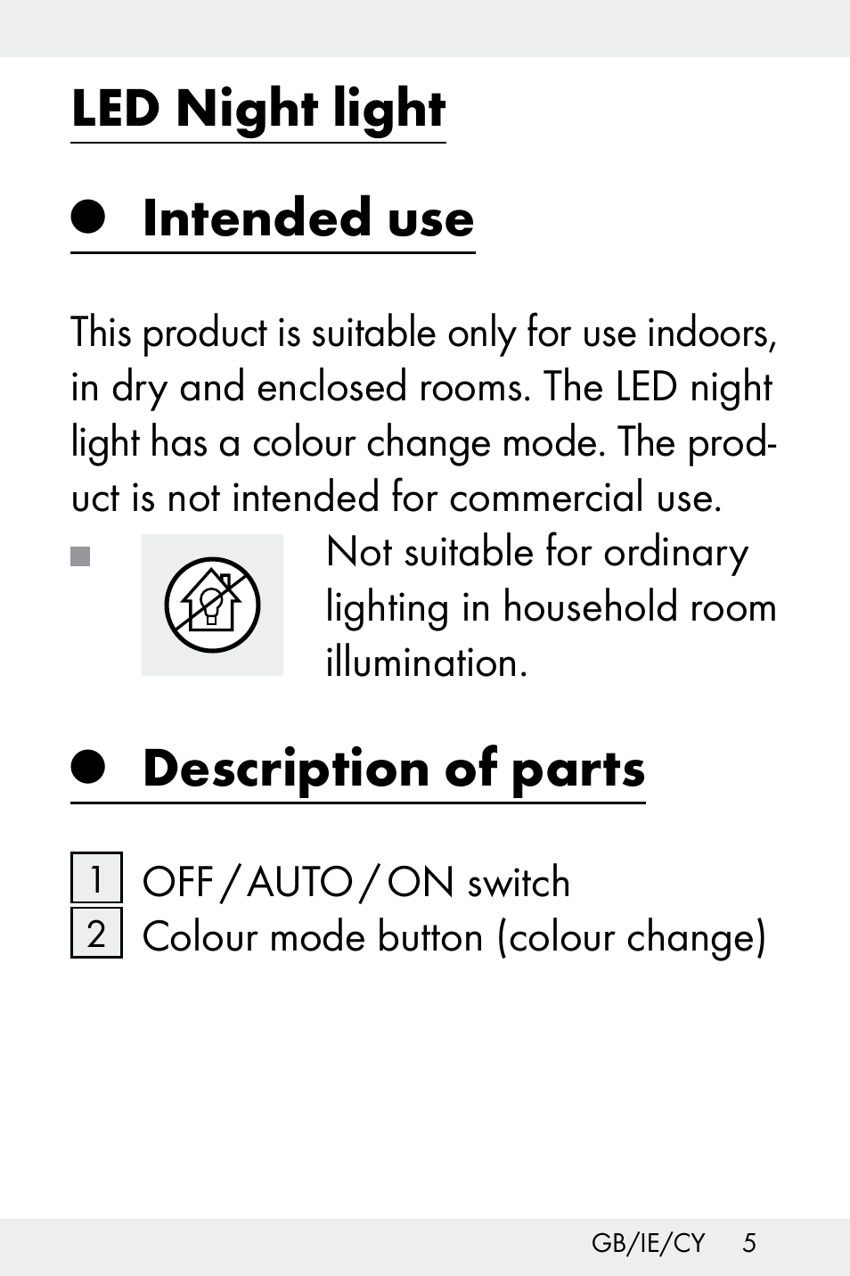 Led night light, Intended use, Description of parts | Livarno Z32148A-BS User Manual | Page 5 / 28