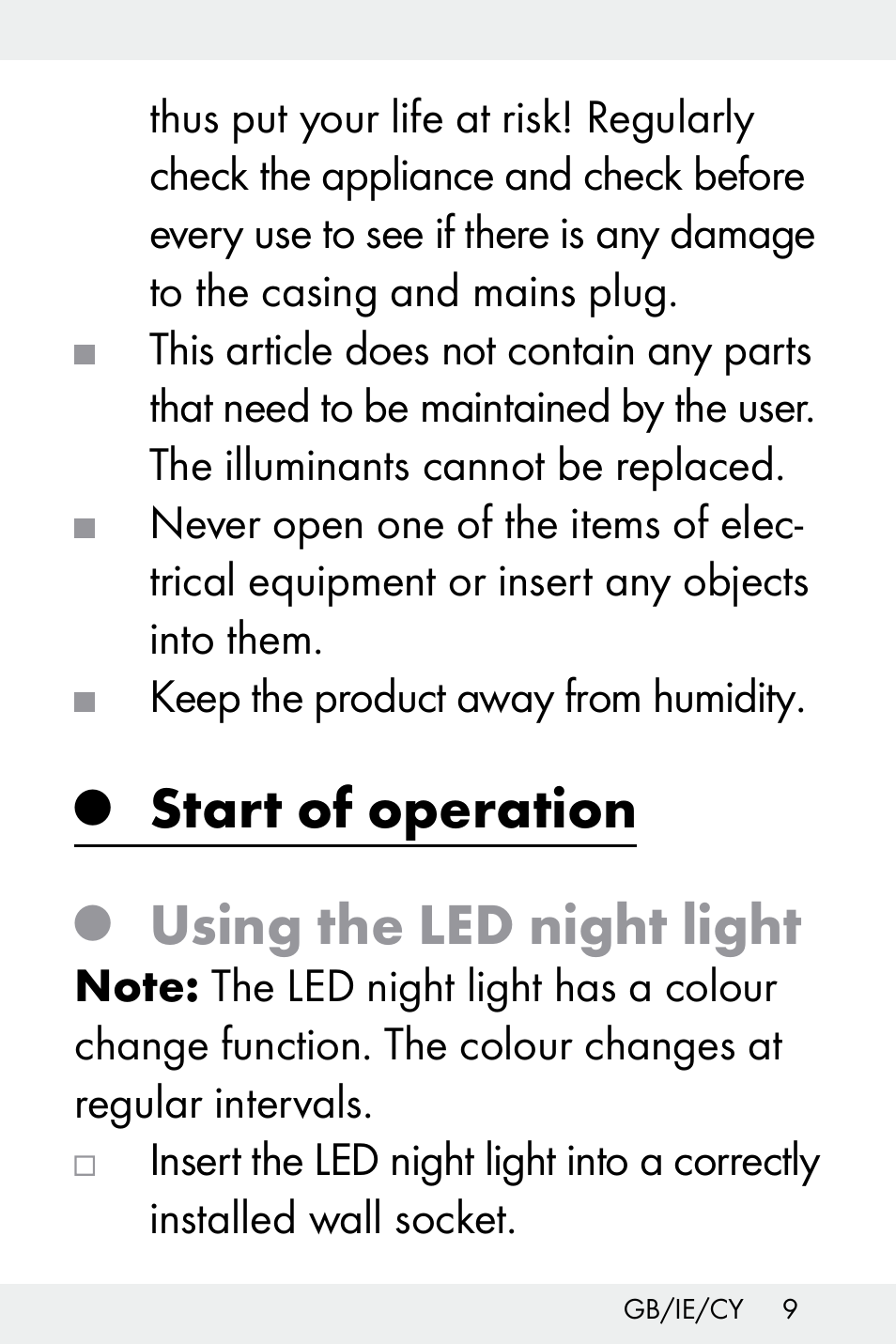 Start of operation, Using the led night light | Livarno Z32148A-BS User Manual | Page 9 / 28