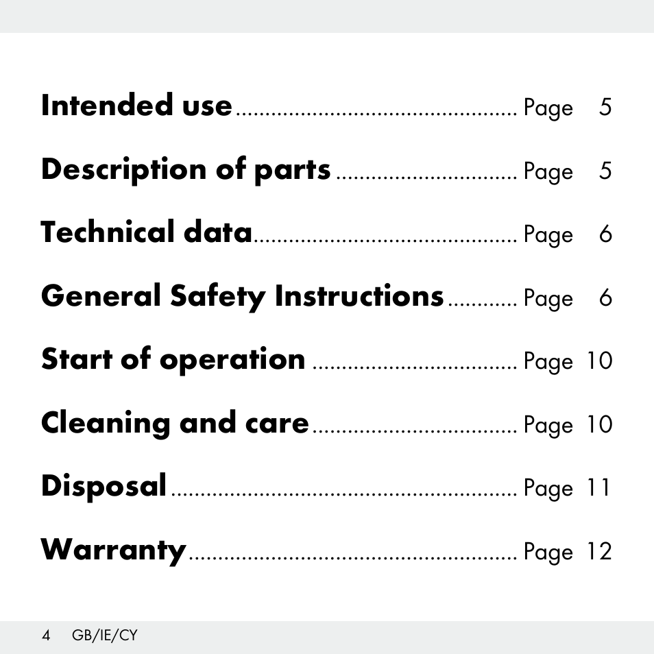 Intended use, Description of parts, Technical data | General safety instructions, Start of operation, Cleaning and care, Disposal, Warranty | Livarno Z31503-BS User Manual | Page 4 / 25