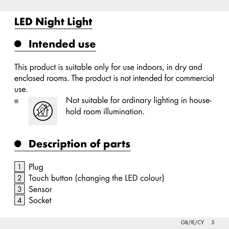 Led night light, Intended use, Description of parts | Livarno Z31503-BS User Manual | Page 5 / 25