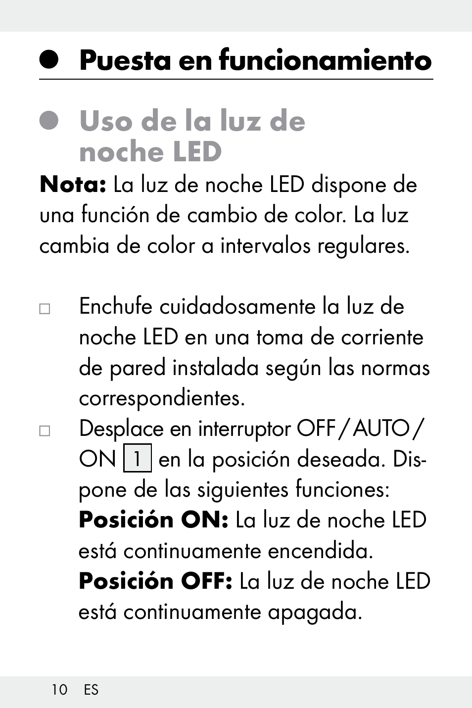 Puesta en funcionamiento, Uso de la luz de noche led | Livarno Z32148A-BS User Manual | Page 10 / 63