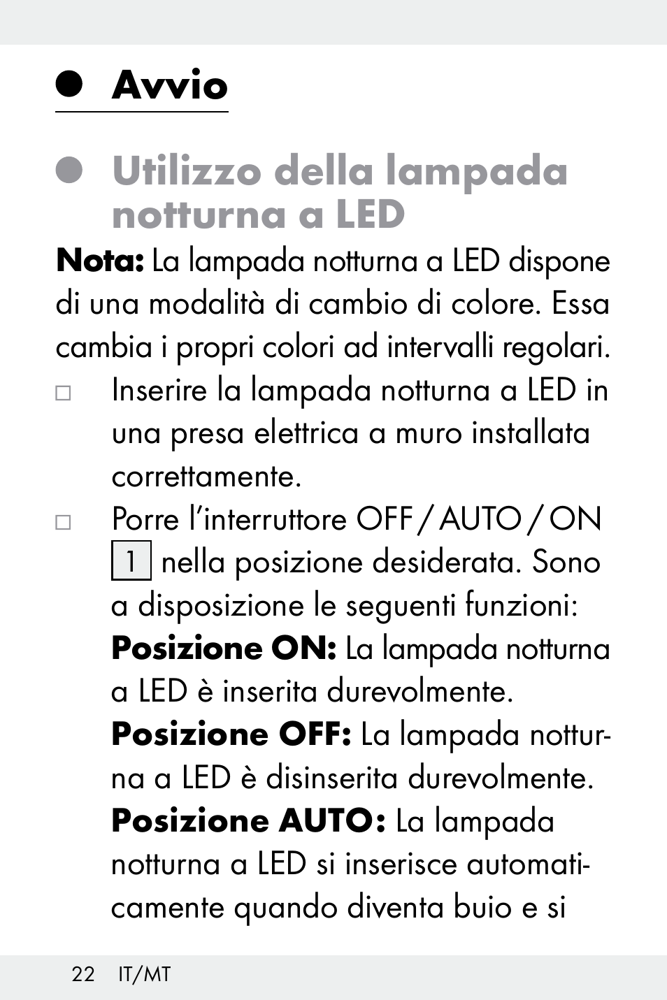 Avvio, Utilizzo della lampada notturna a led | Livarno Z32148A-BS User Manual | Page 22 / 63