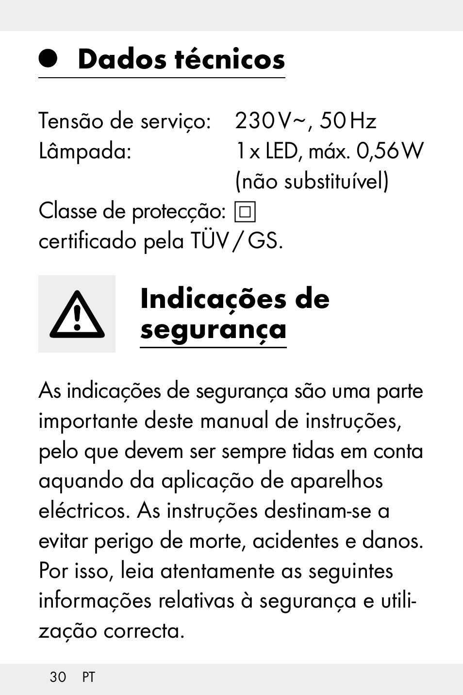 Dados técnicos, Indicações de segurança | Livarno Z32148A-BS User Manual | Page 30 / 63