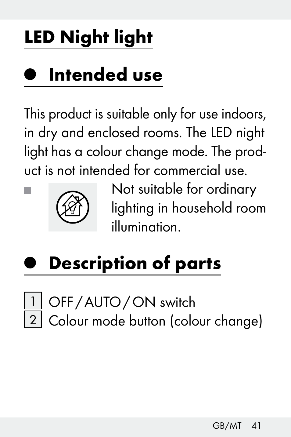 Led night light, Intended use, Description of parts | Livarno Z32148A-BS User Manual | Page 41 / 63