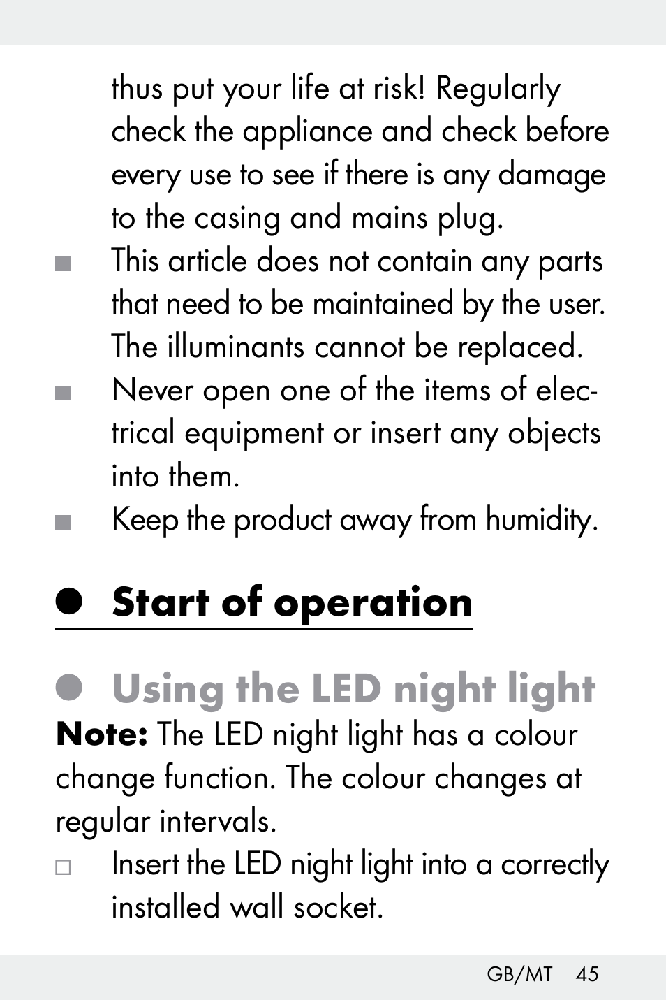 Start of operation, Using the led night light | Livarno Z32148A-BS User Manual | Page 45 / 63