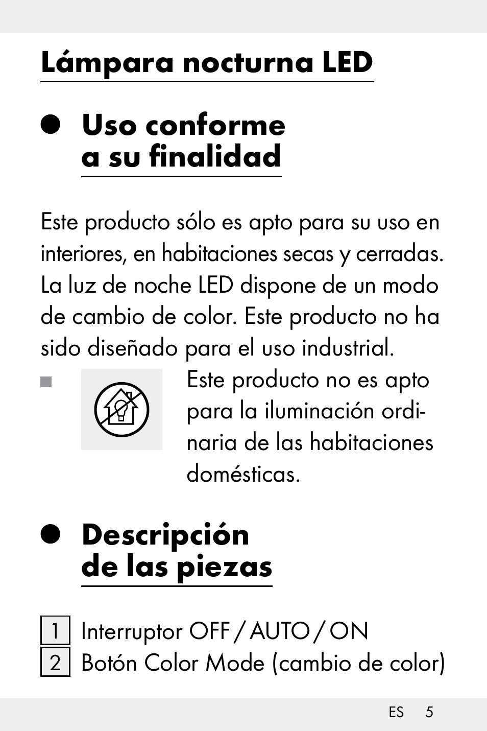 Lámpara nocturna led uso conforme a su finalidad, Descripción de las piezas | Livarno Z32148A-BS User Manual | Page 5 / 63