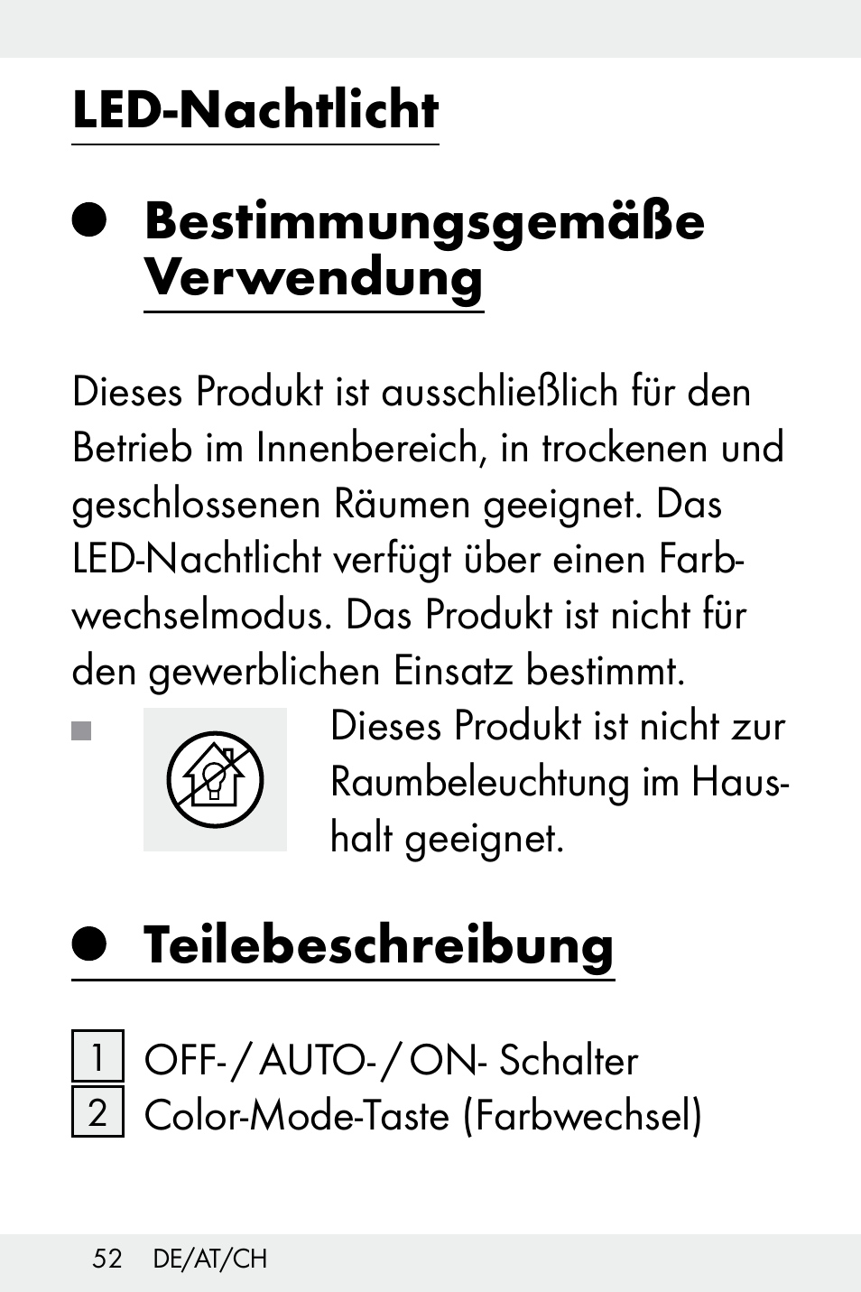 Led-nachtlicht, Bestimmungsgemäße verwendung, Teilebeschreibung | Livarno Z32148A-BS User Manual | Page 52 / 63