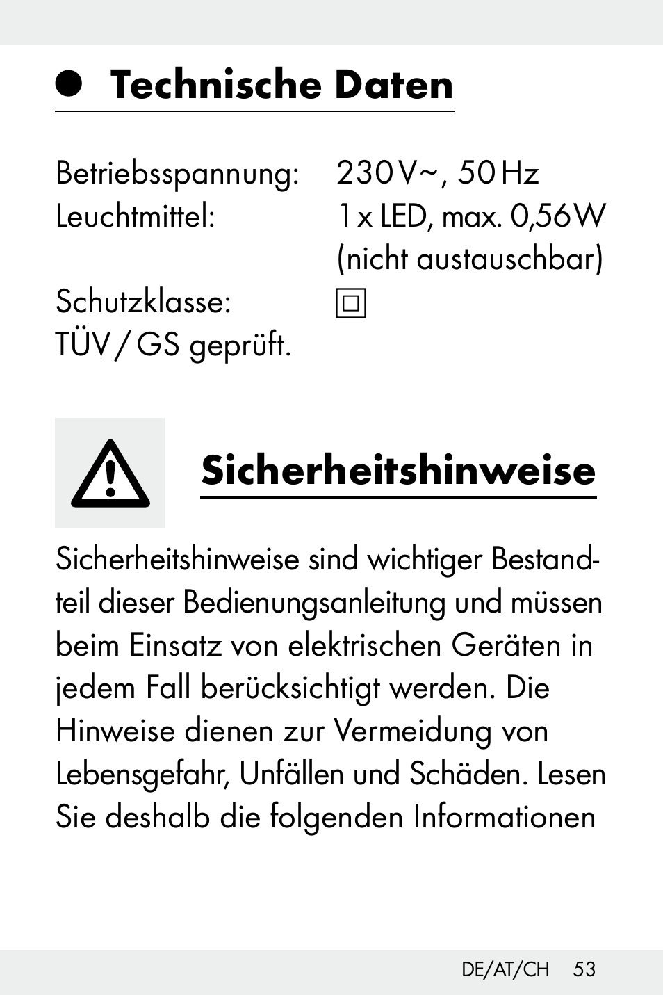 Technische daten, Sicherheitshinweise | Livarno Z32148A-BS User Manual | Page 53 / 63