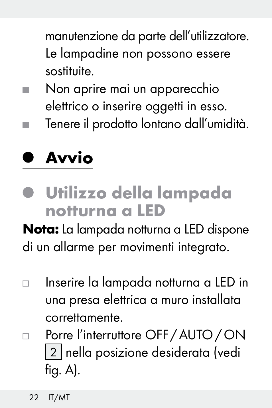 Avvio, Utilizzo della lampada notturna a led | Livarno Z32148B-BS User Manual | Page 22 / 62