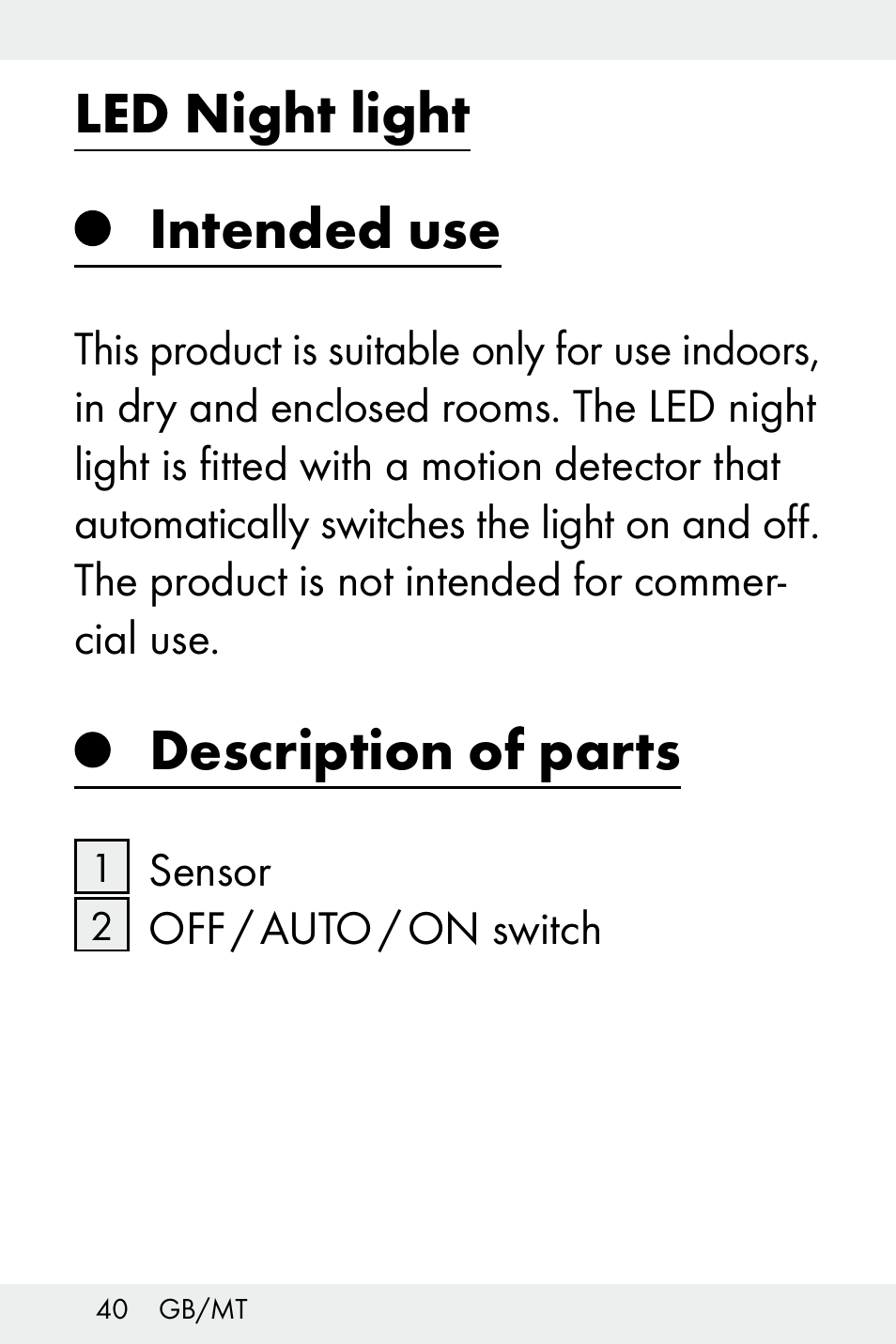 Led night light, Intended use, Description of parts | Livarno Z32148B-BS User Manual | Page 40 / 62