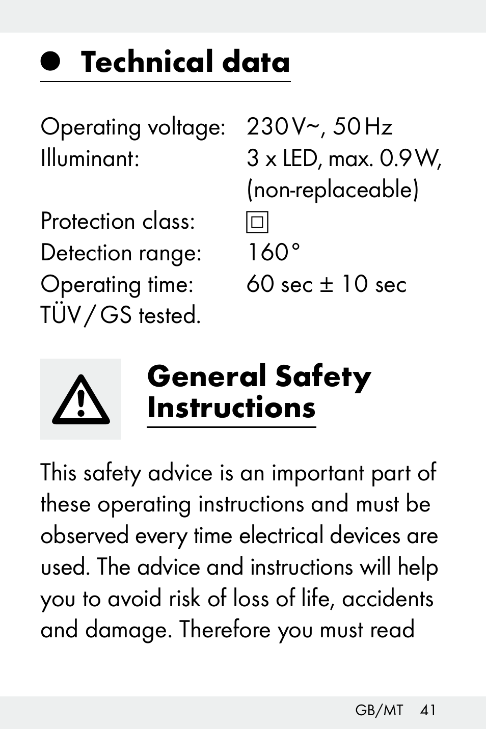 Technical data, General safety instructions | Livarno Z32148B-BS User Manual | Page 41 / 62