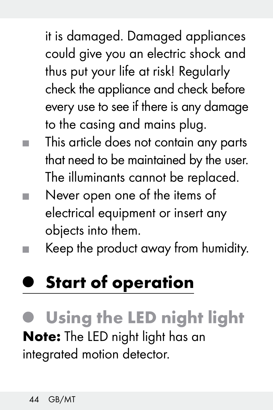 Start of operation, Using the led night light | Livarno Z32148B-BS User Manual | Page 44 / 62