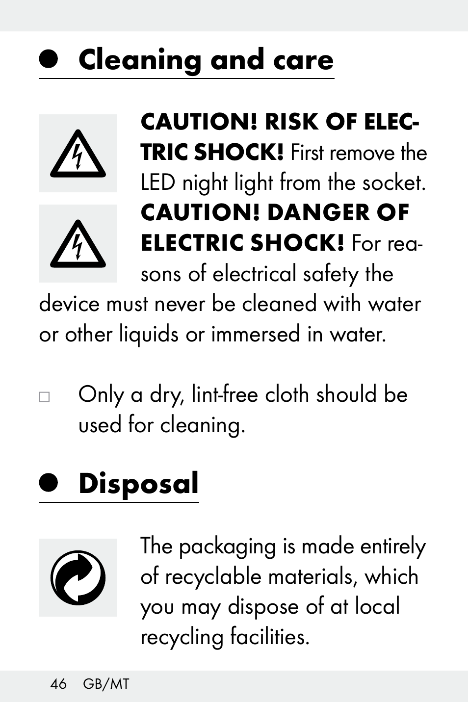 Cleaning and care, Disposal | Livarno Z32148B-BS User Manual | Page 46 / 62