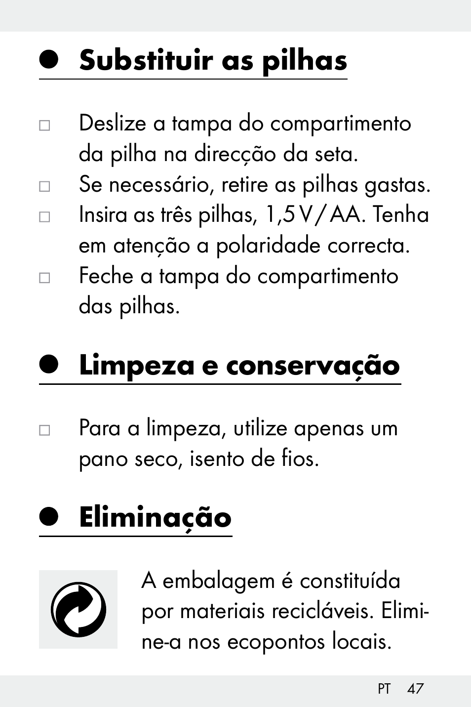 Substituir as pilhas, Limpeza e conservação, Eliminação | Livarno Z32148C User Manual | Page 47 / 81